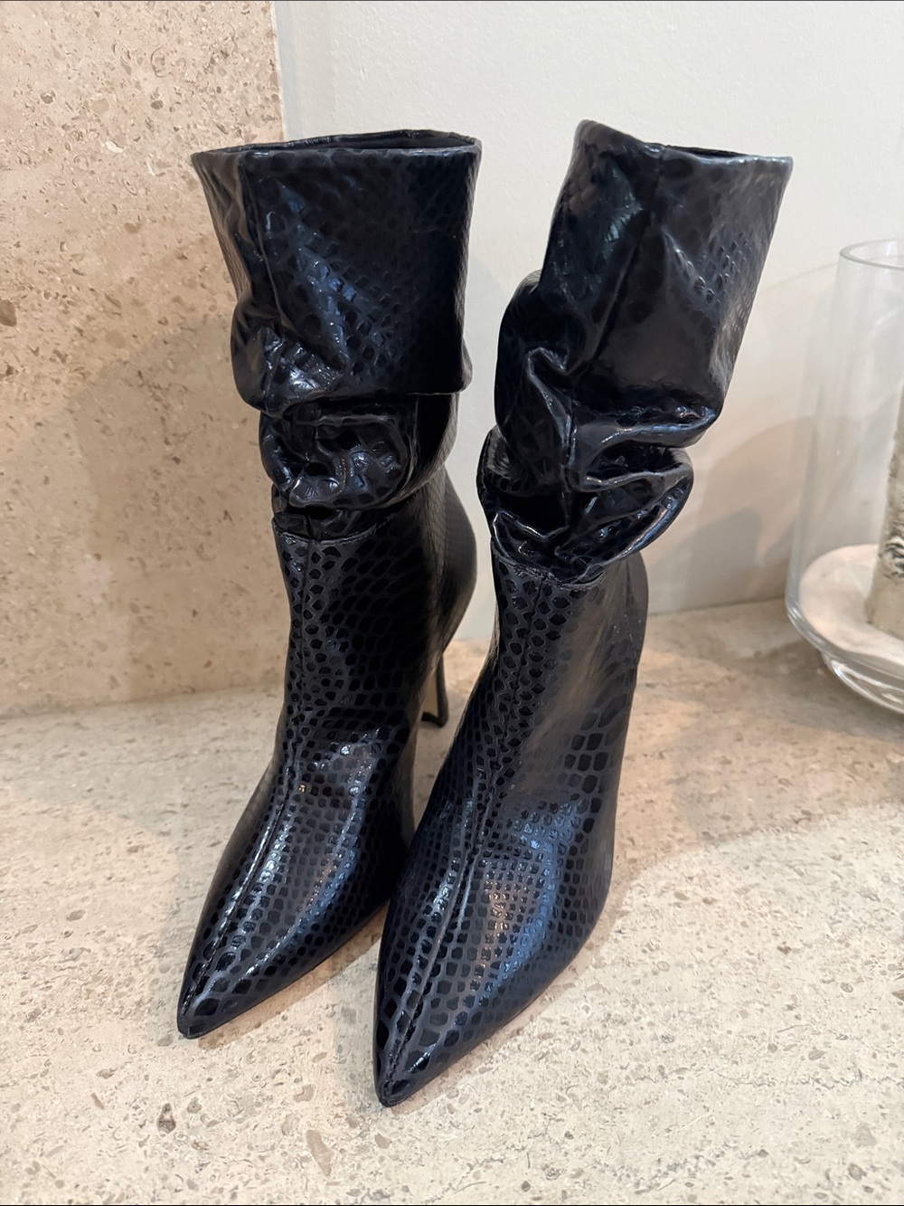 Black Patten Leather Slouch Boots